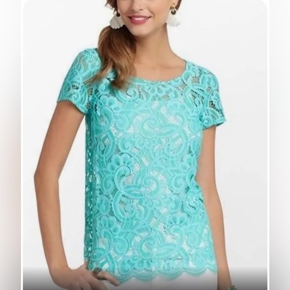 Lily Pulitzer Turquoise Lace Top Size XS Back Zip Puff Sleeve - Picture 1 of 11
